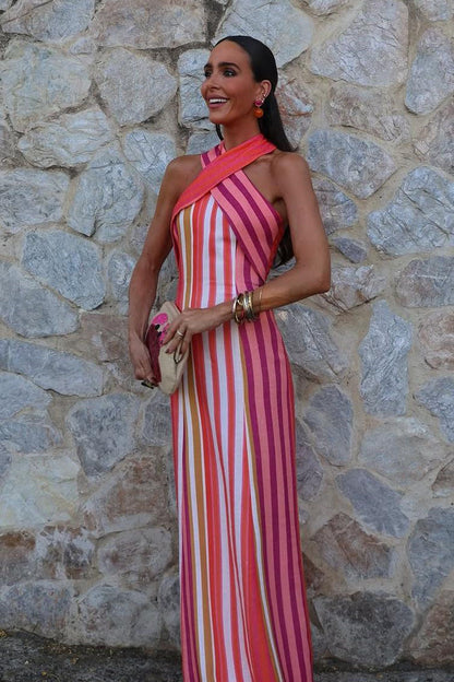 Vestido de rayas con cuello halter cruzado Sunset Samba