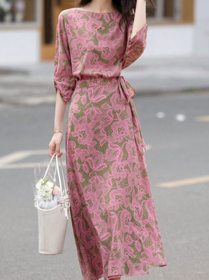 Mya Elegant Crew Neck Printed Tie Dress