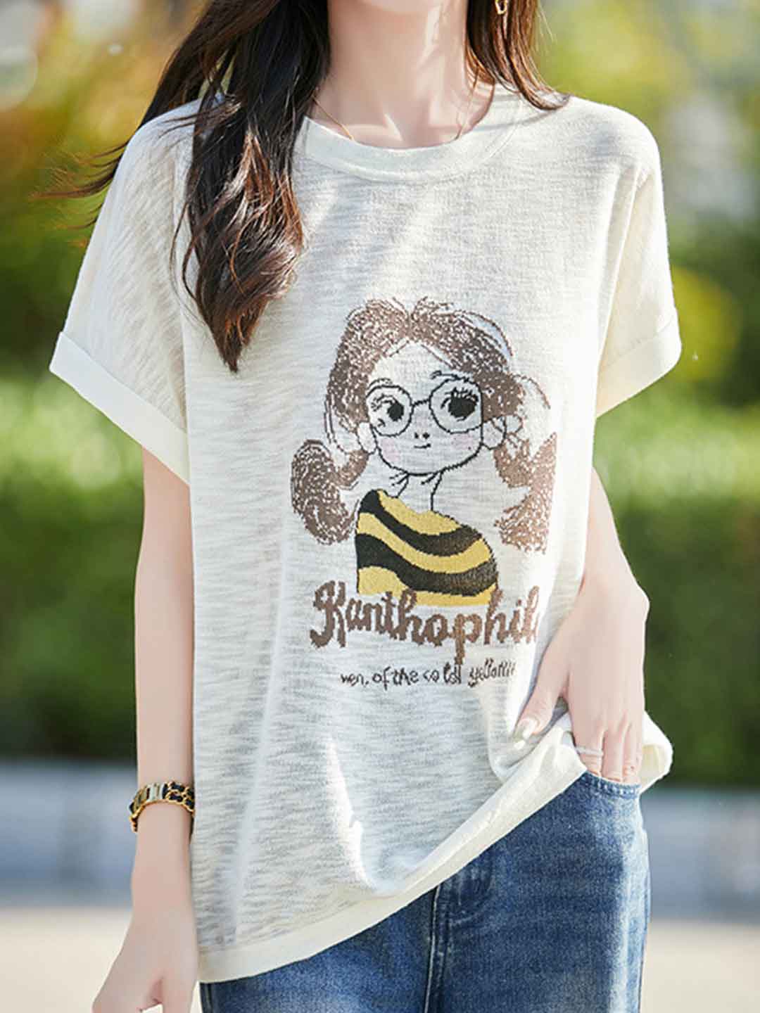 Maria Casual Crew Neck Solid Color Printed Top