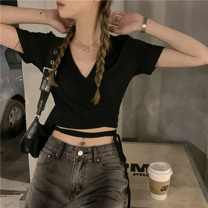 V-Neck Short Sleeve Strap Slim Crop Tops