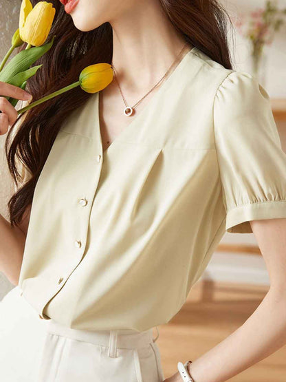 Zoey Classic V-Neck Puff Sleeve Chiffon Shirt