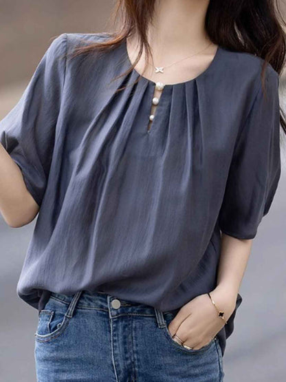 Khloe Loose Crew Neck Lantern Sleeve Pearl Pleated Top