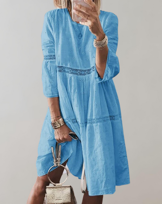 Vestido clásico midi de cuello redondo con ojales para mujer | Ideal para primavera/verano