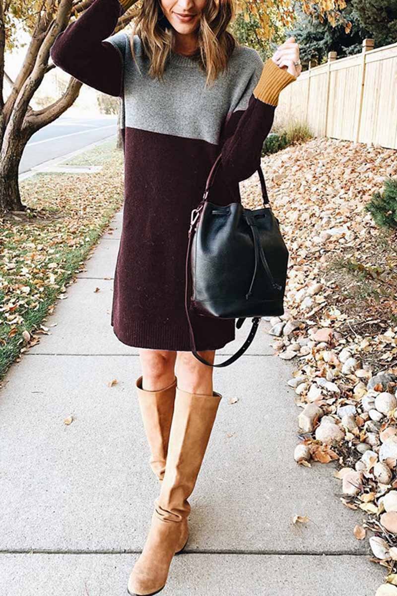 Loose Round Neck Paneled Dress(2 Colors)