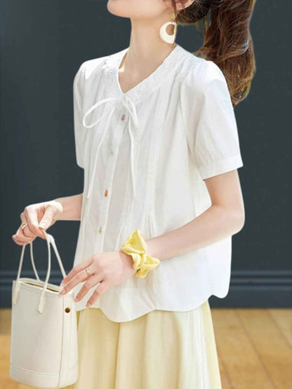 Maya Loose Crew Neck Puff Sleeve Bow Tie Top