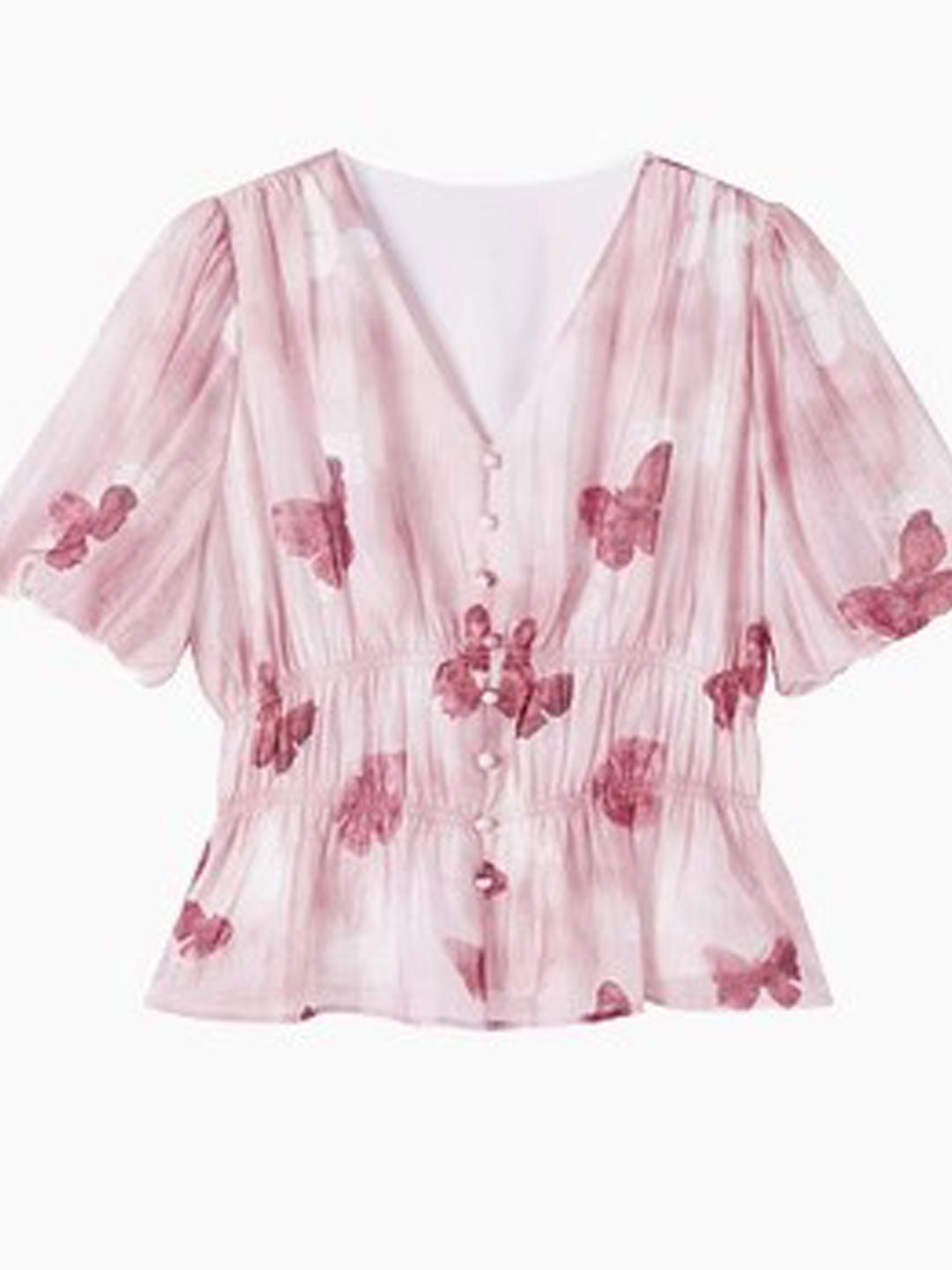 Kylie Elegant V-Neck Puff Sleeve Butterfly Printed Top
