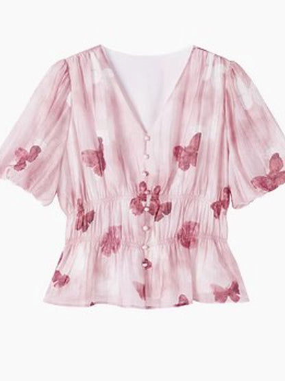 Kylie Elegant V-Neck Puff Sleeve Butterfly Printed Top