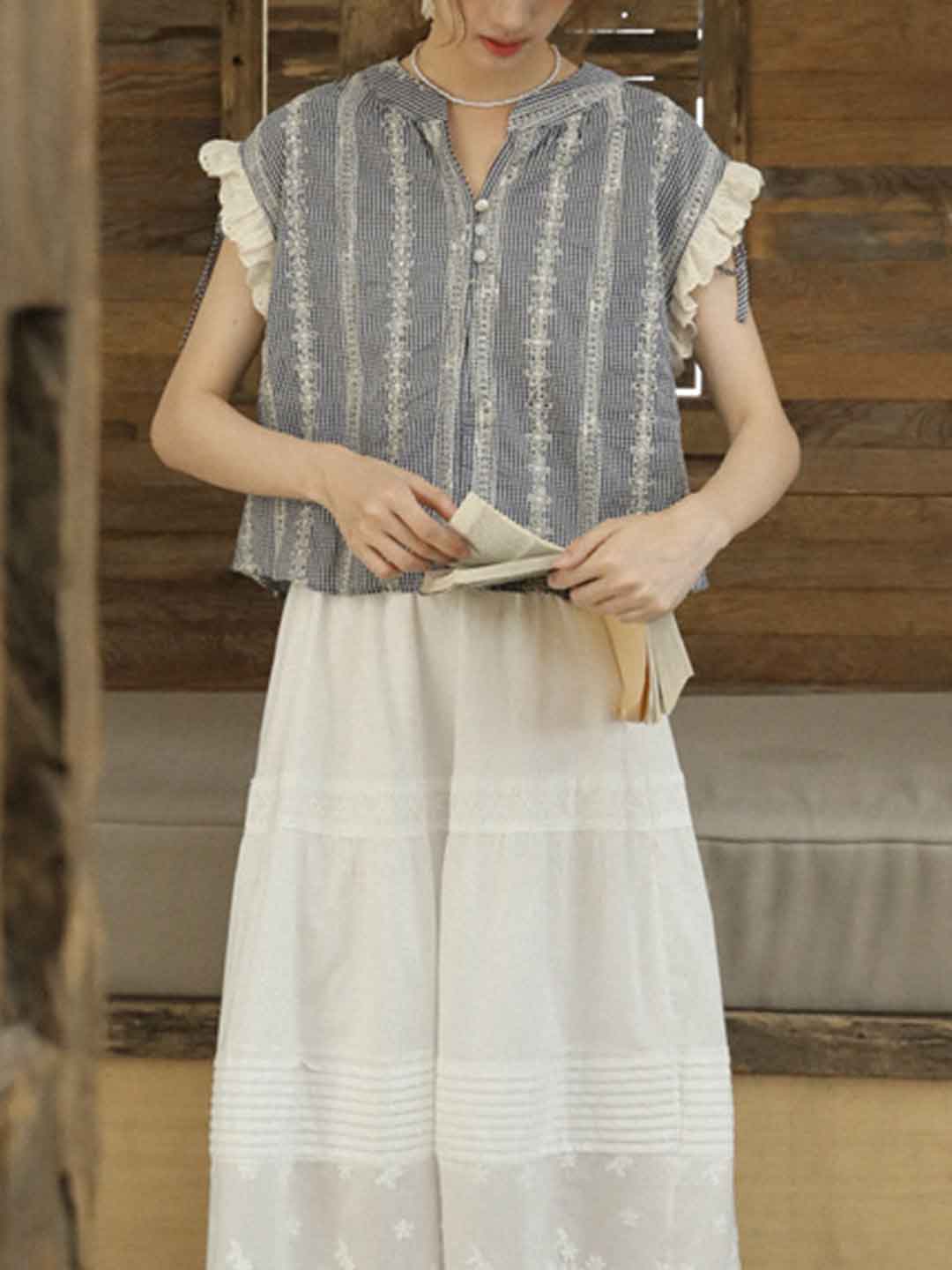 Molly Elegant V-Neck Plaid Patchwork Lace Top