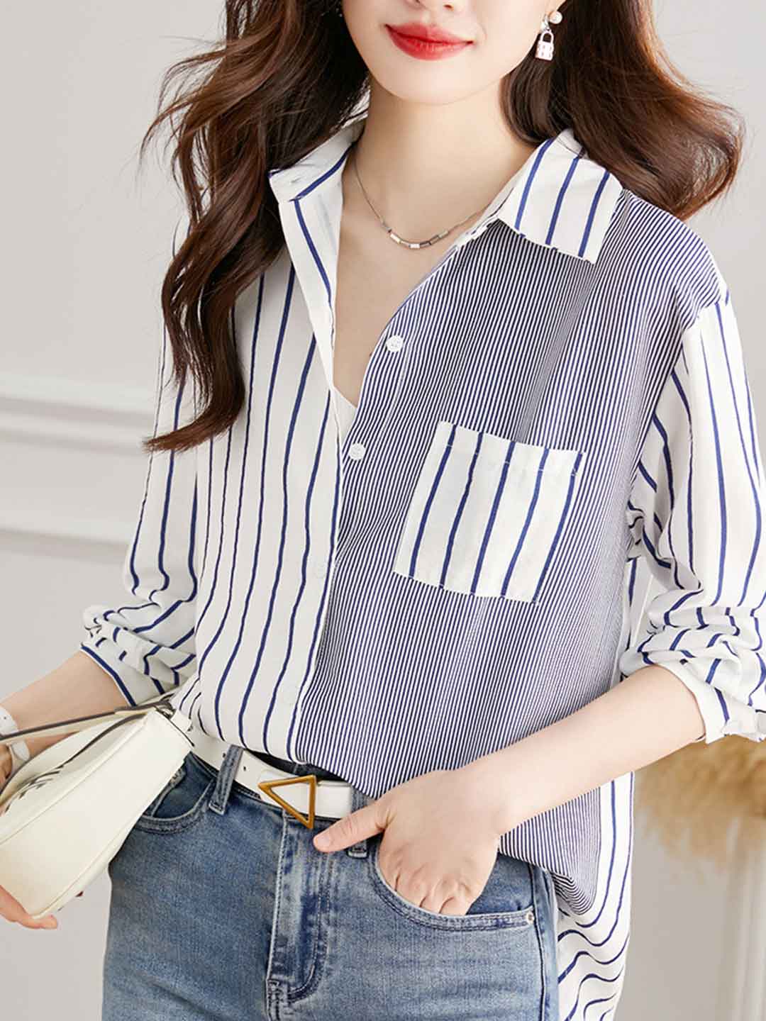 Khloe Loose Polo Collar Striped Patchwork Shirt