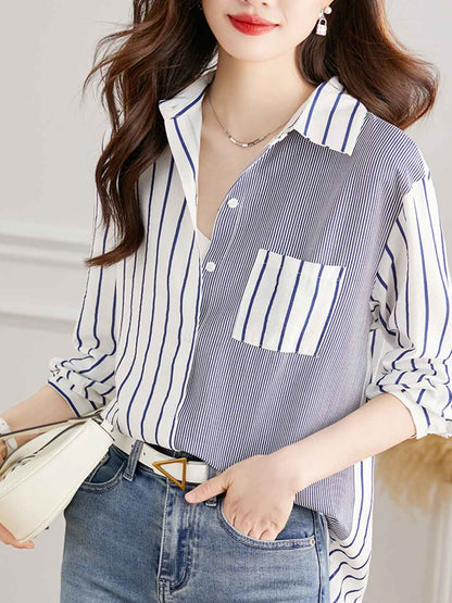 Khloe Loose Polo Collar Striped Patchwork Shirt