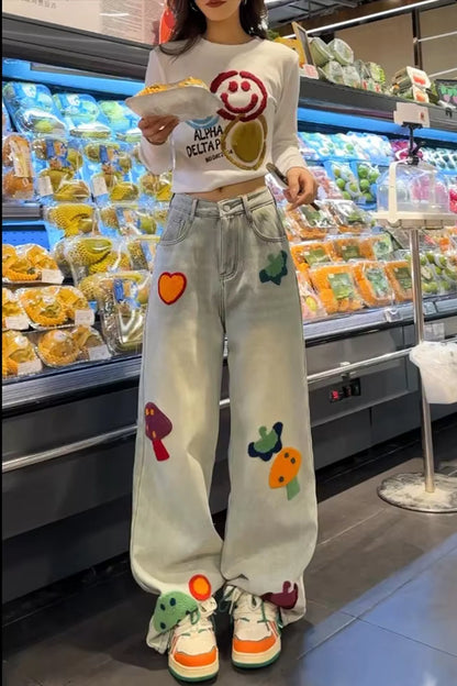 High Waist Cute Mushroom Embroidered Jeans Pants