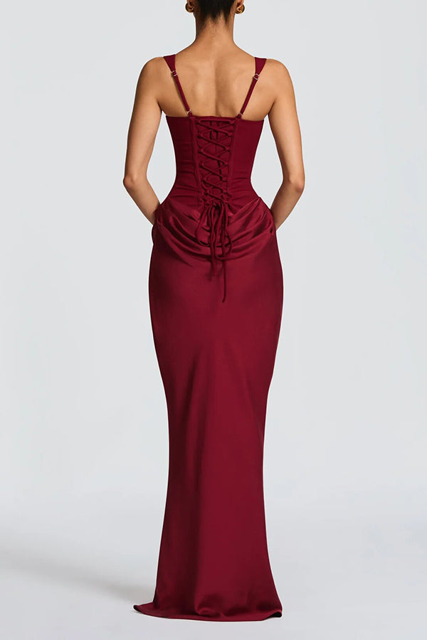 Larrah Square Neck Back Lace-up Satin Drape Hem Maxi Dress