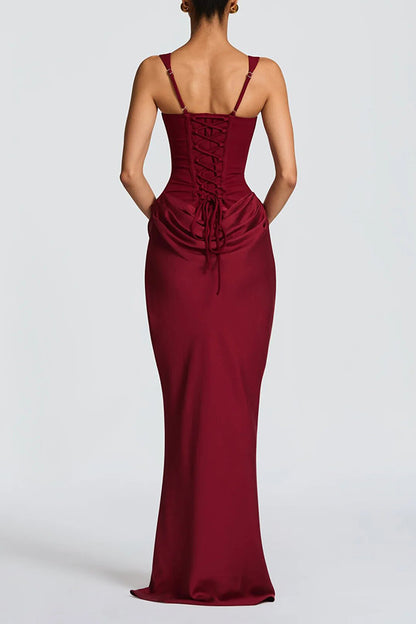 Larrah Square Neck Back Lace-up Satin Drape Hem Maxi Dress