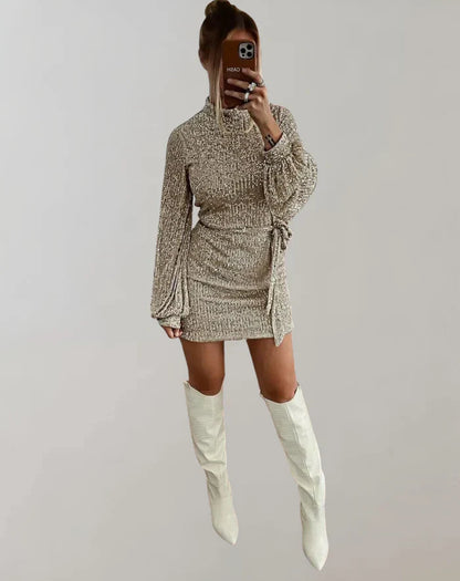Vestido mini de lentejuelas y cuello alto para mujer | Ideal para primavera/verano