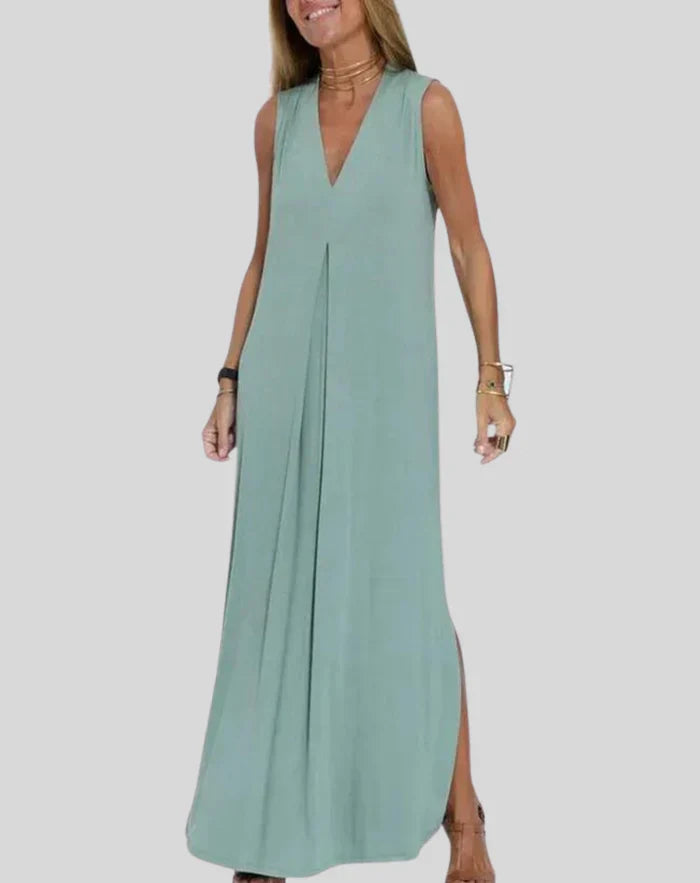 Vestido largo informal de escote en V con abertura para mujer | Ideal para primavera/verano