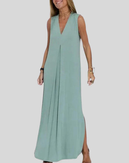 Vestido largo informal de escote en V con abertura para mujer | Ideal para primavera/verano
