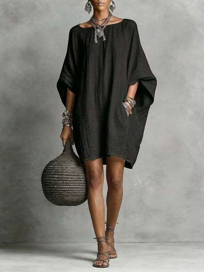 Linen-style Batwing Top, Loose-fitting Midi Dress