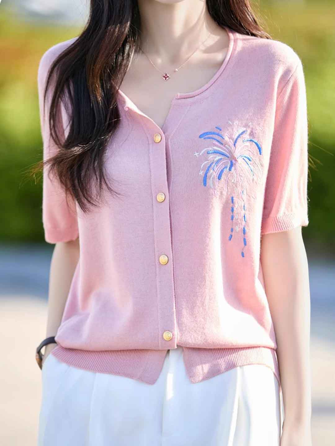 Kylie Loose Crew Neck Embroidered Knitted Cardigan