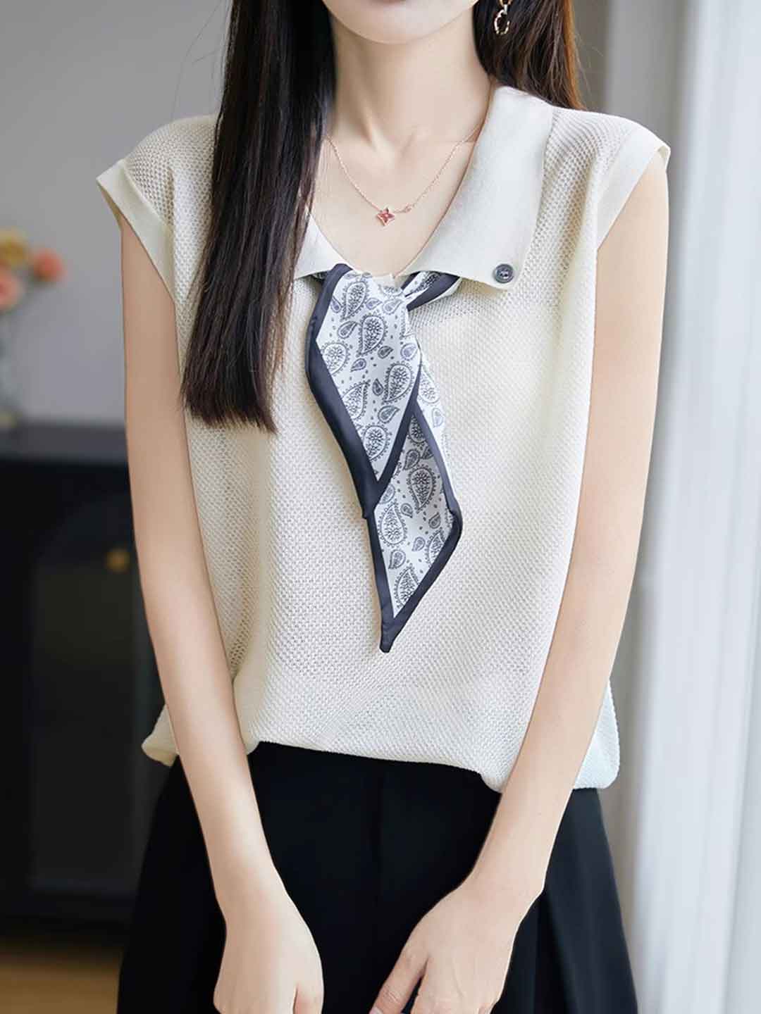 Katelyn Classic Lapel Scarf Sleeveless Knitted Top