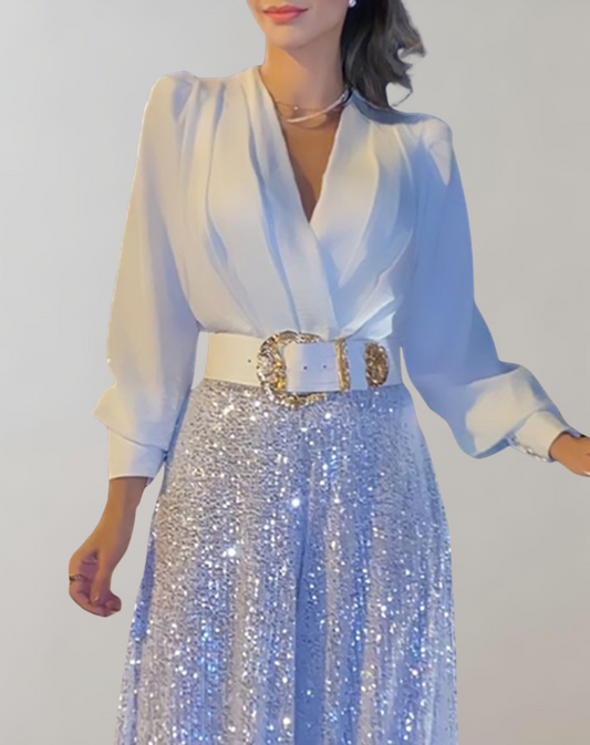 Women's Formal Evening Dress with Belt and Sequin Skirt | Ideal for Spring/Summer