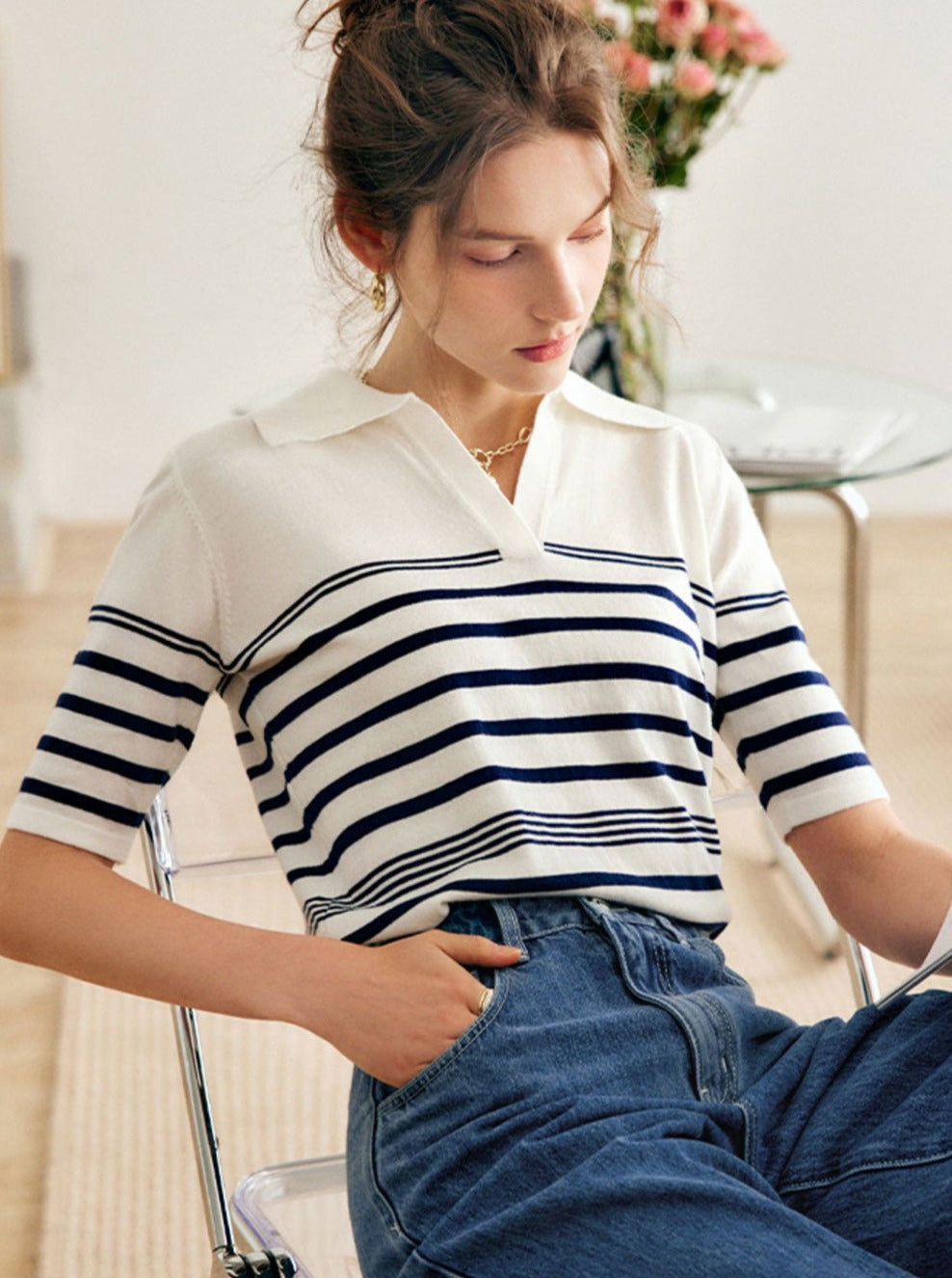 Olivia Retro Lapel Horizontal Stripe Knitted Sweater-Blue