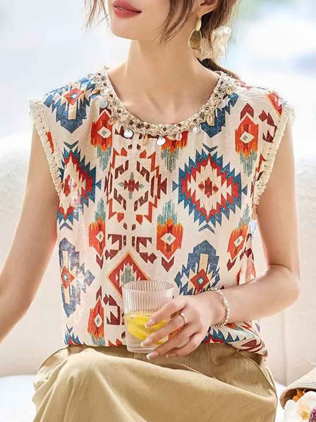 Melanie Vintage Crew Neck Printed Vest