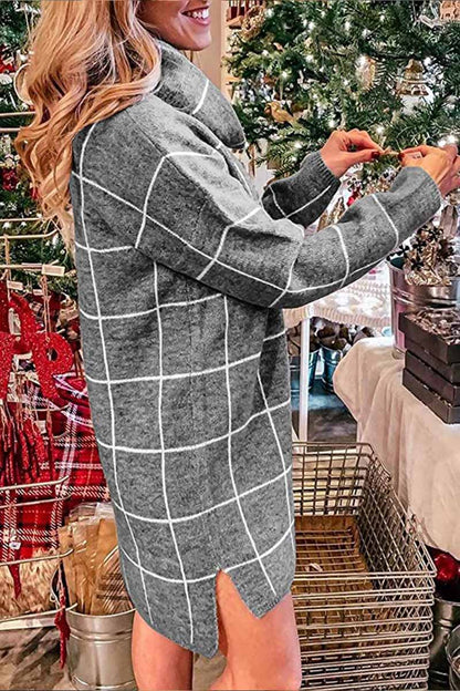 High Collar Plaid Loose Mini Dress(3 Colors)