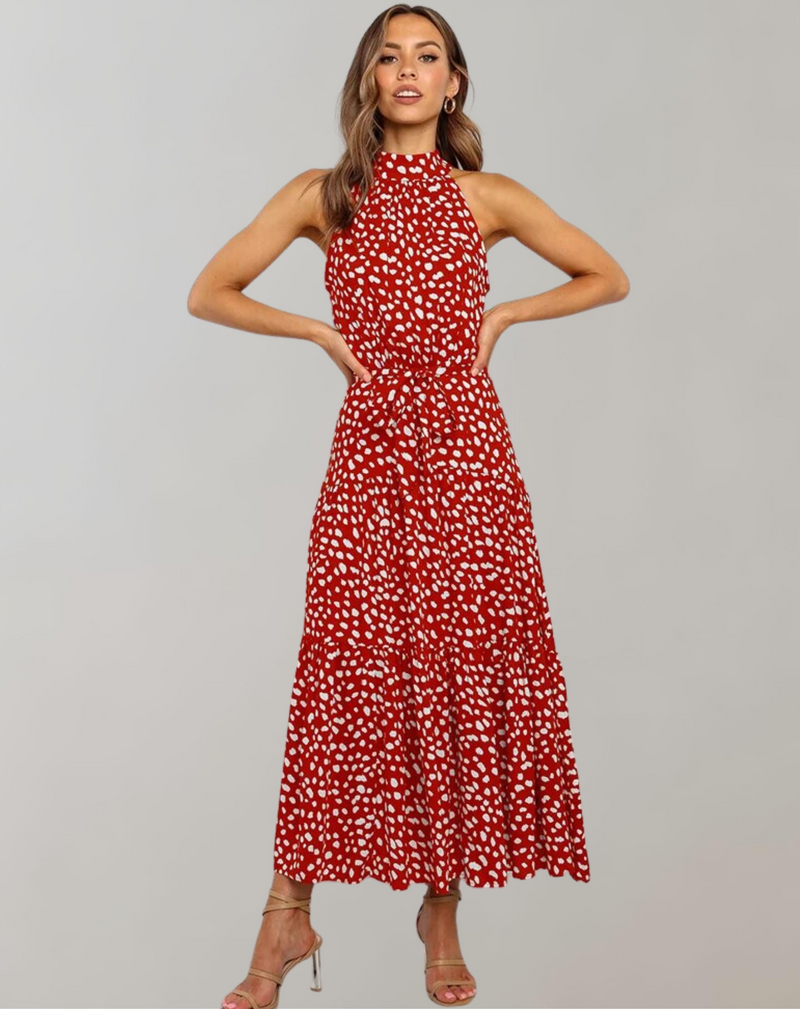 Vestido largo informal con cuello halter y estampado de lunares para mujer | Ideal para primavera/verano