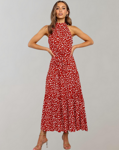 Vestido largo informal con cuello halter y estampado de lunares para mujer | Ideal para primavera/verano