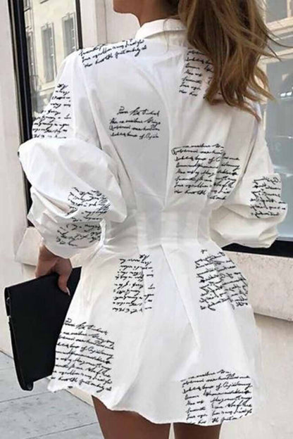 Slim Waist Letter Print Long Sleeve Mini Dress
