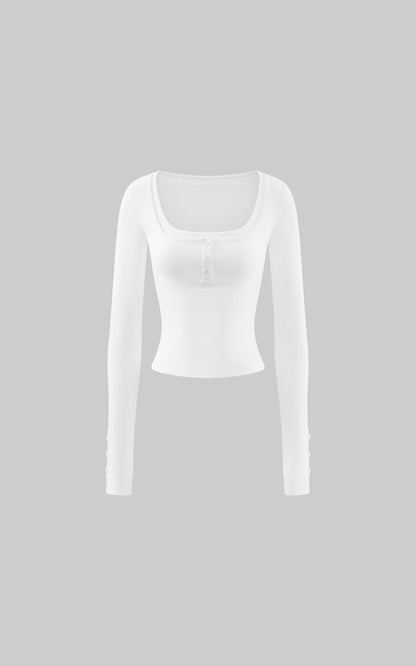 Layered Effect Long Sleeve Top Square Neck Button Detail Tee