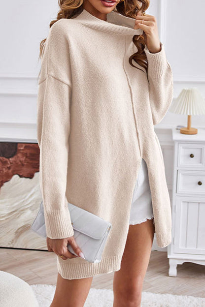Jersey de cuello alto de punto caqui extragrande para mujer con abertura | Ideal para otoño/invierno