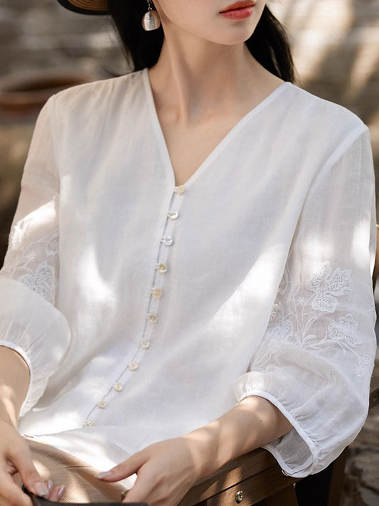 Sophie Loose V-Neck Embroidered Top