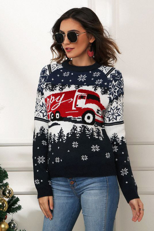 Suéter navideño con estampado de copos de nieve y camiones