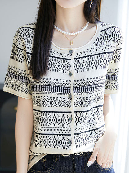 Kylie Retro Crew Neck Jacquard Knitted Top