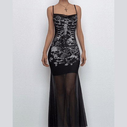 U neck skull print mesh backless cami maxi dress  | Festival Outfits Women