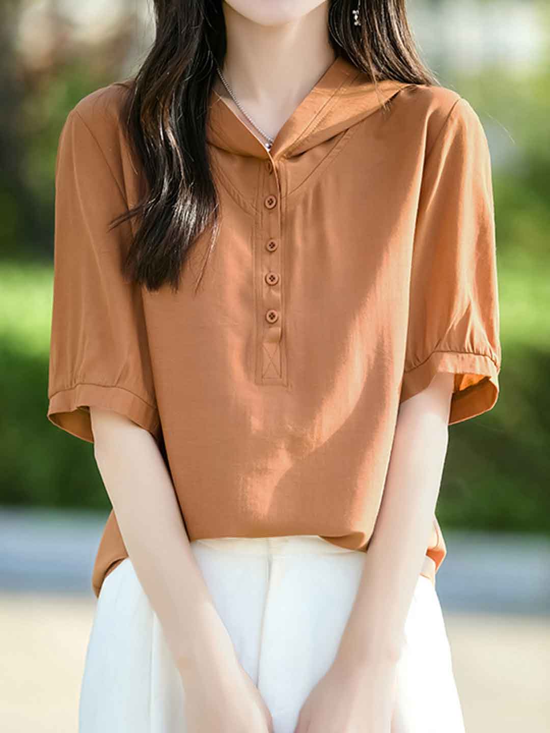 Mya Casual V-neck Solid Color Hooded Shirt