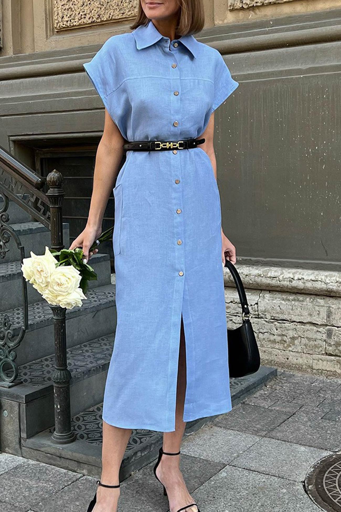 Button-down Strappy Cotton Linen Shirt Dress