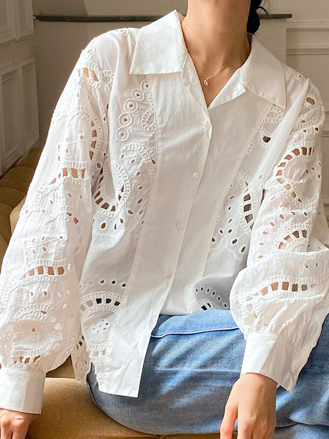 Jocelyn Loose Lapel Lantern Sleeve Embroidered Shirt