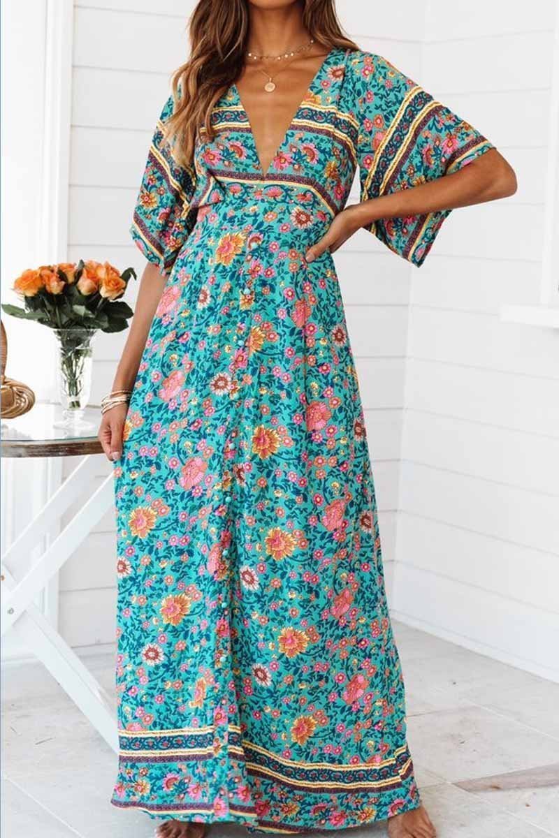 Floral Printed Blue Ankle Length Dress