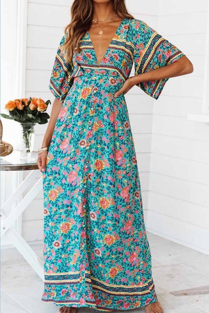 Floral Printed Blue Ankle Length Dress