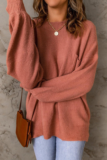 Jersey de punto rosa extragrande con cuello redondo y bolsillo para mujer | Ideal para otoño/invierno