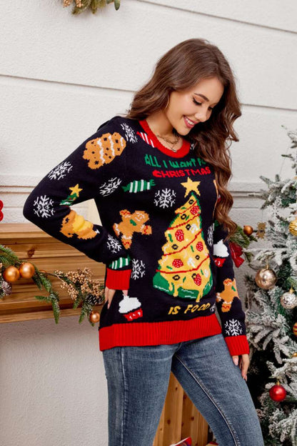 Suéter informal de cuello redondo con árbol de Navidad bordado 