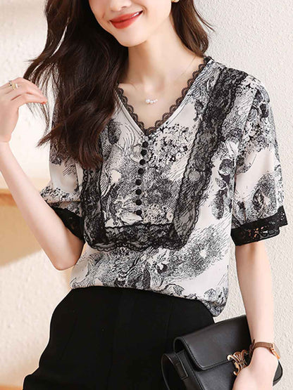 Kaitlyn Classic V-Neck Printed Chiffon Top
