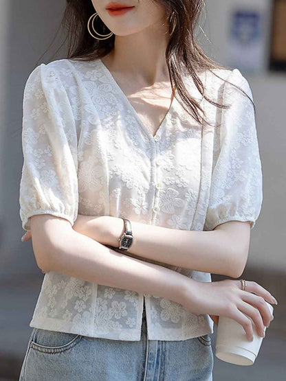 Kylie Elegant V-Neck Puff Sleeve Jacquard Cardigan