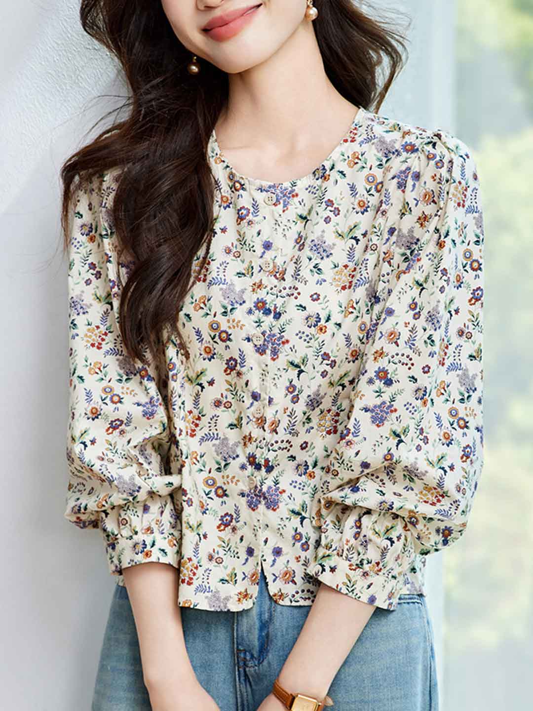Trinity Loose Crew Neck Puff Sleeve Floral Blouse