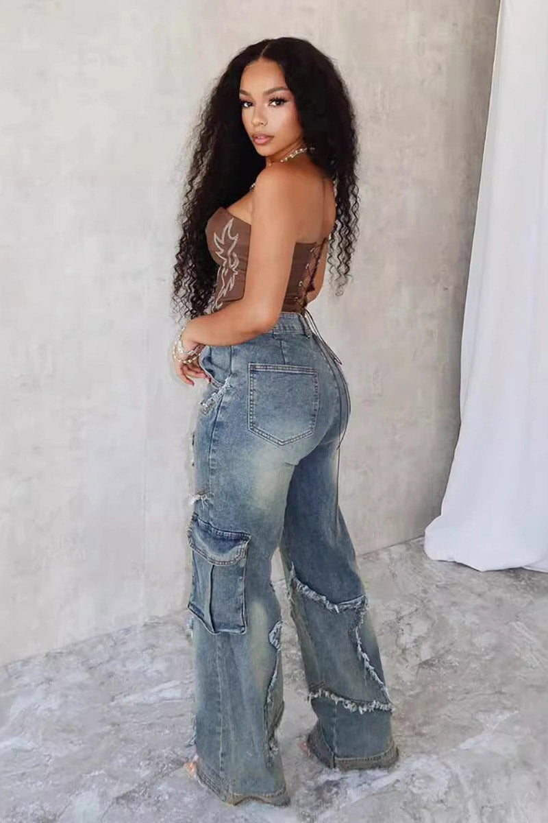 Pantalones anchos con flecos y borlas de estrellas