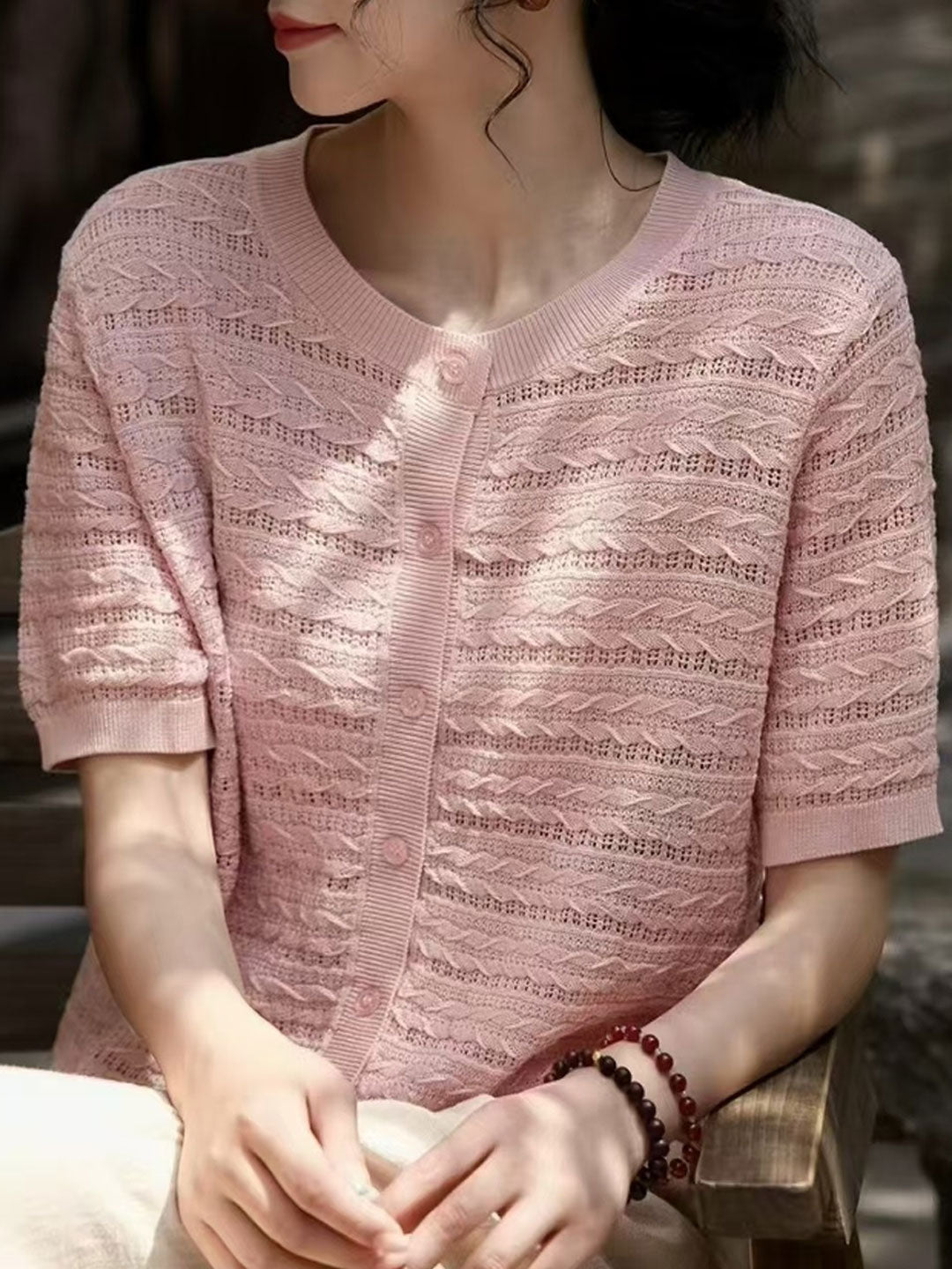 Nevaeh Loose Crew Neck Hollowed Knitted Top