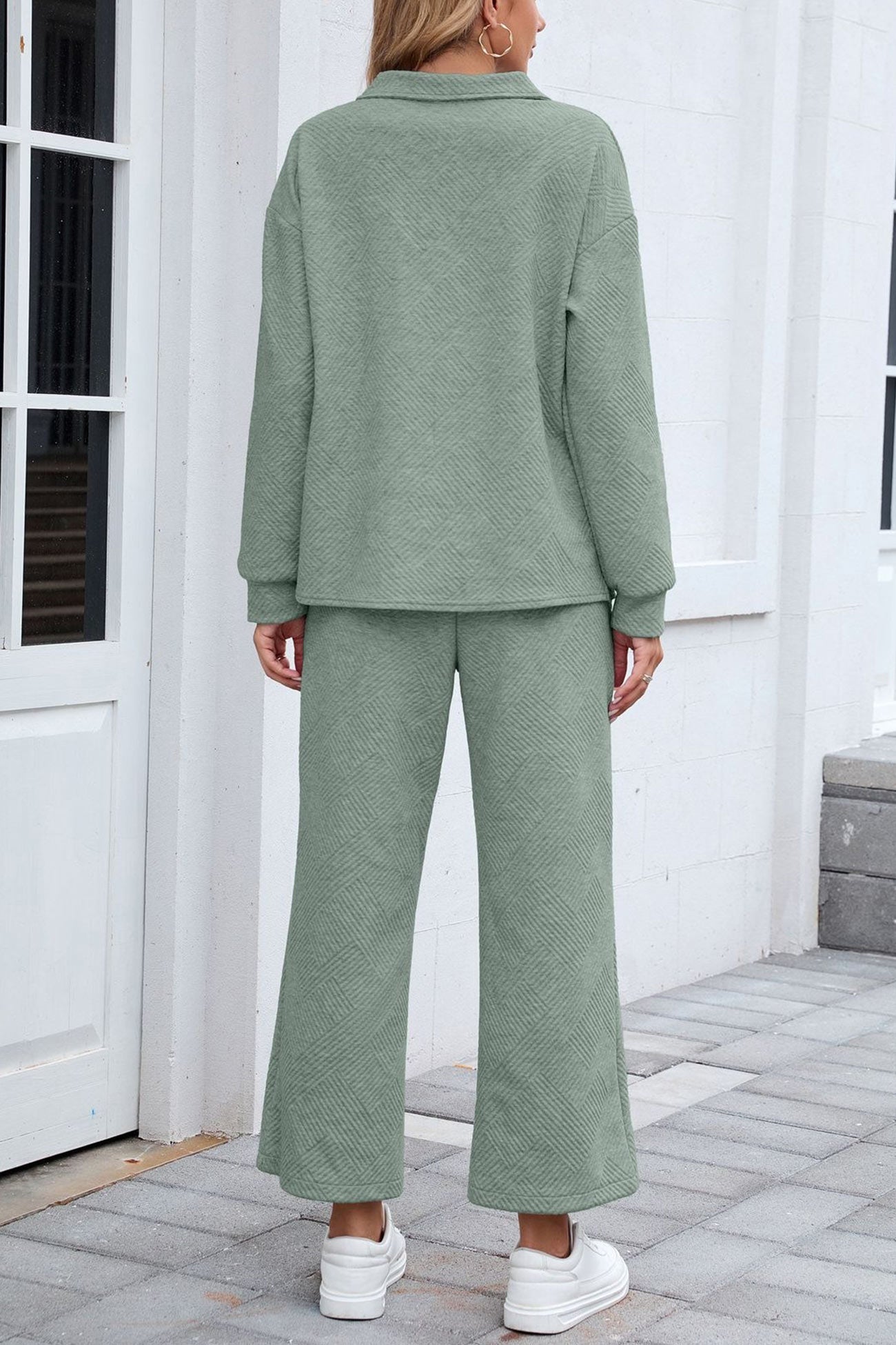 Lapel Long Sleeve Textured Sweashirt Set