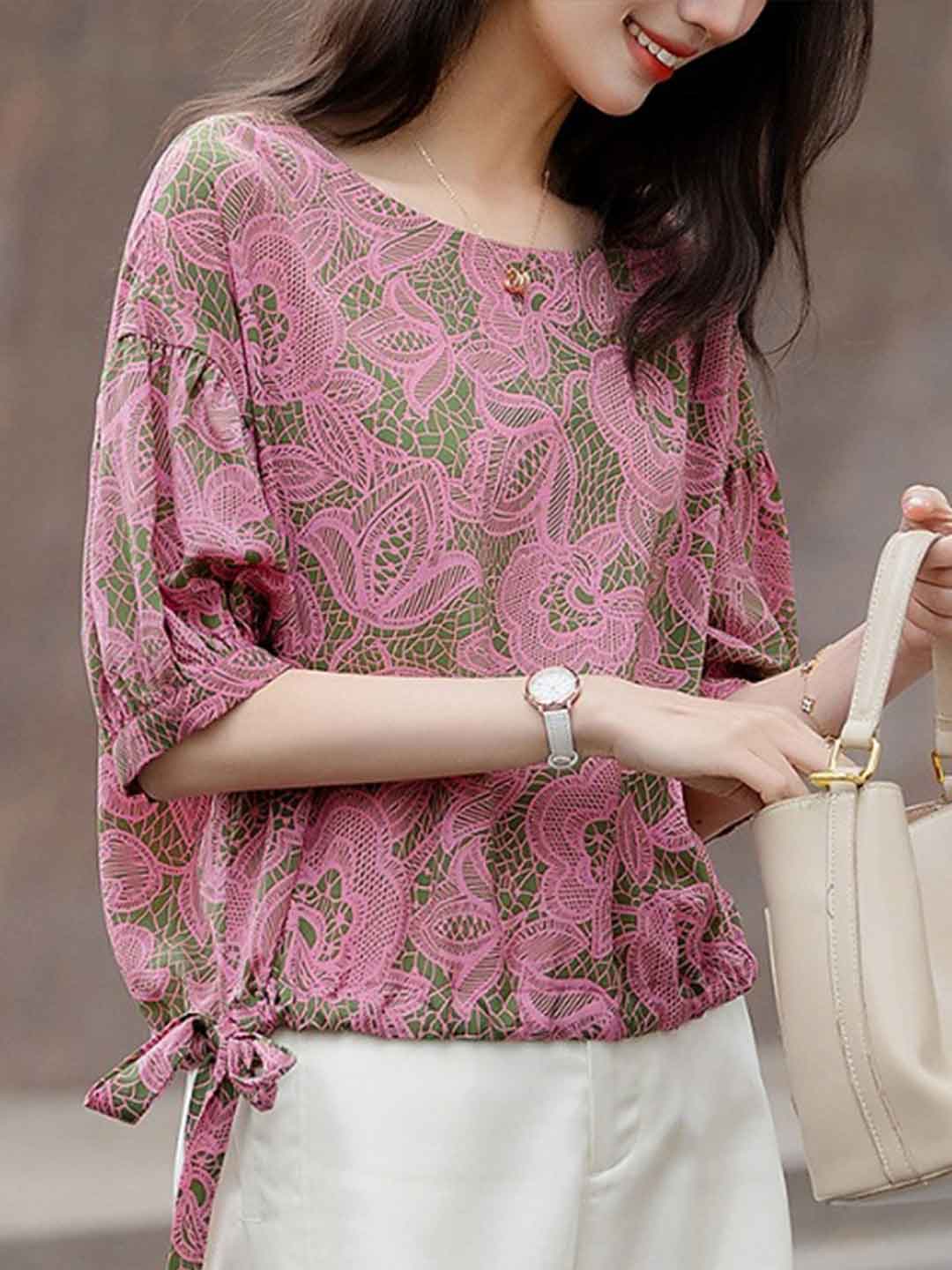 Madison Loose Crew Neck Latern Sleeve Drawstring Top